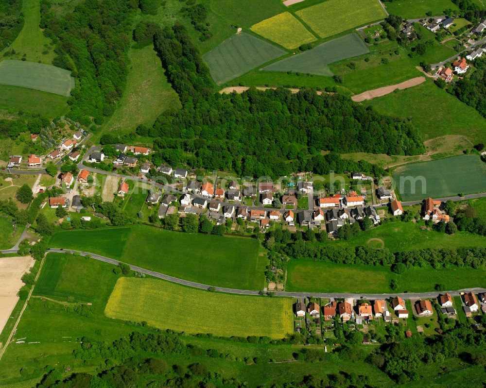 Lispenhausen from the bird's eye view: Agricultural land and field boundaries surround the settlement area of the village in Lispenhausen in the state Hesse, Germany