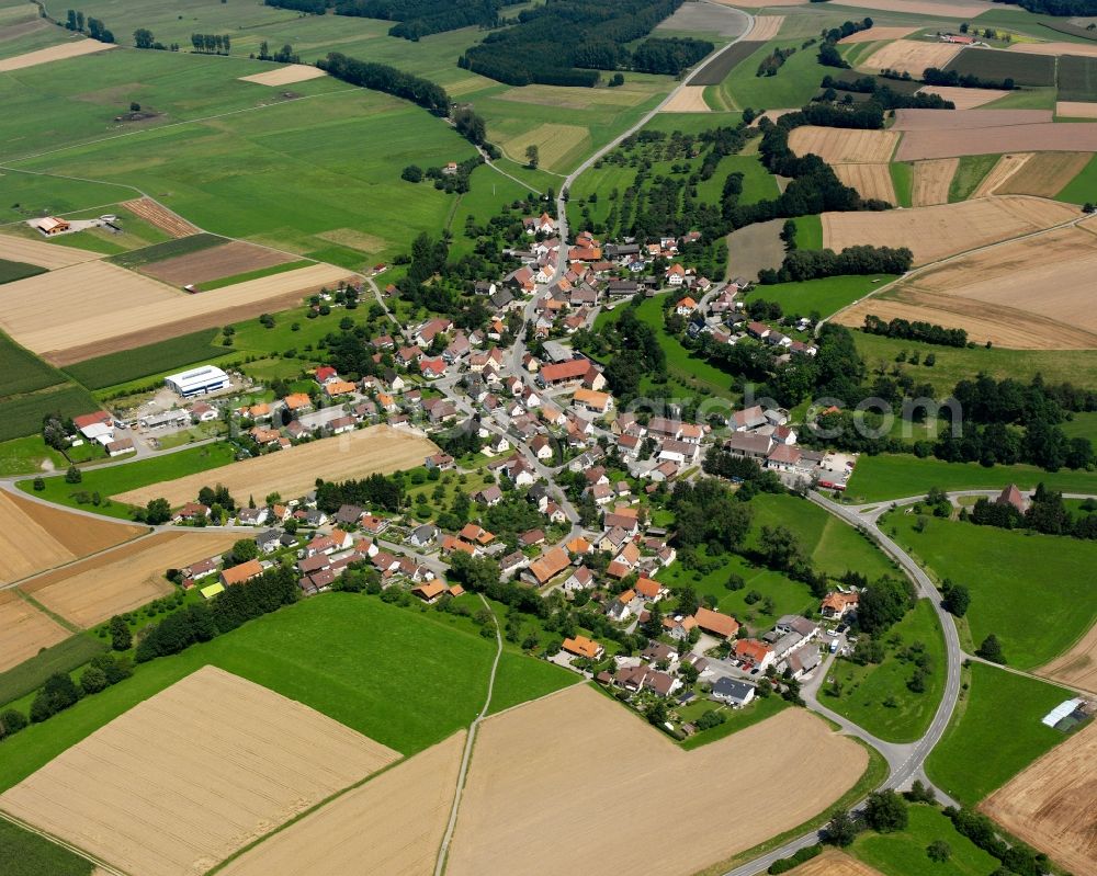 Aerial image Ölkofen - Agricultural land and field boundaries surround the settlement area of the village in Ölkofen in the state Baden-Wuerttemberg, Germany