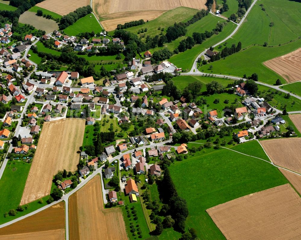 Aerial photograph Ölkofen - Agricultural land and field boundaries surround the settlement area of the village in Ölkofen in the state Baden-Wuerttemberg, Germany