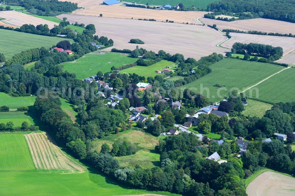 Aerial image Loit - Agricultural land and field boundaries surround the settlement area of the village in Loit in the state Schleswig-Holstein, Germany