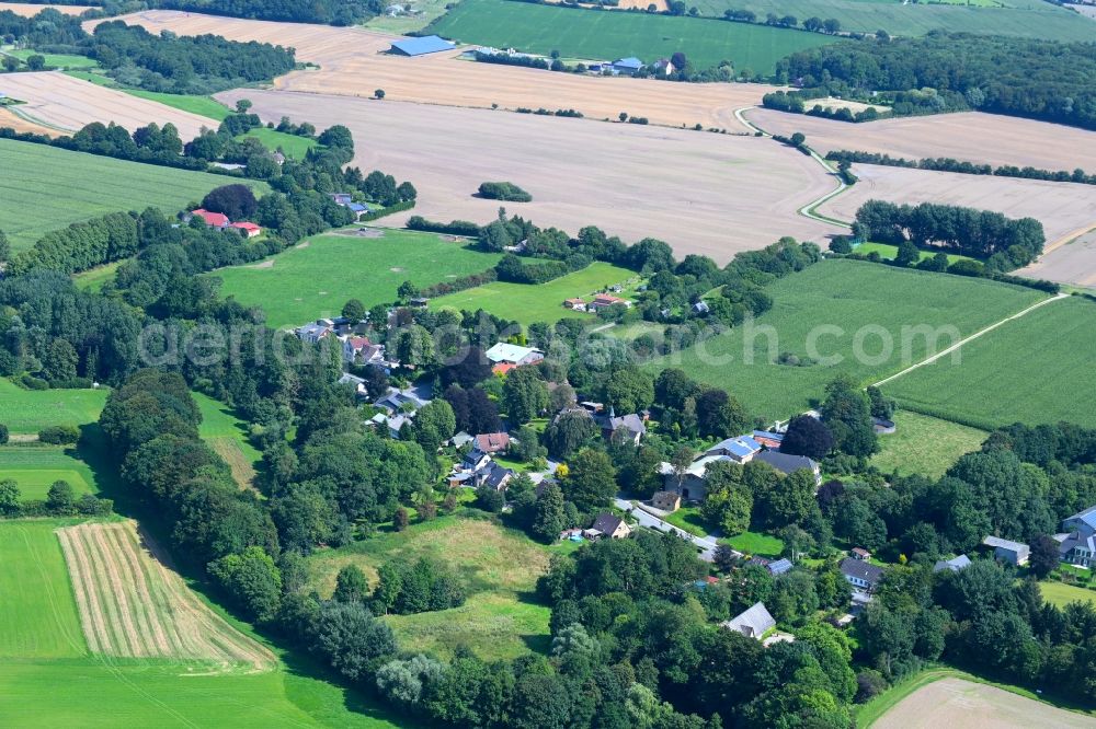 Aerial photograph Loit - Agricultural land and field boundaries surround the settlement area of the village in Loit in the state Schleswig-Holstein, Germany