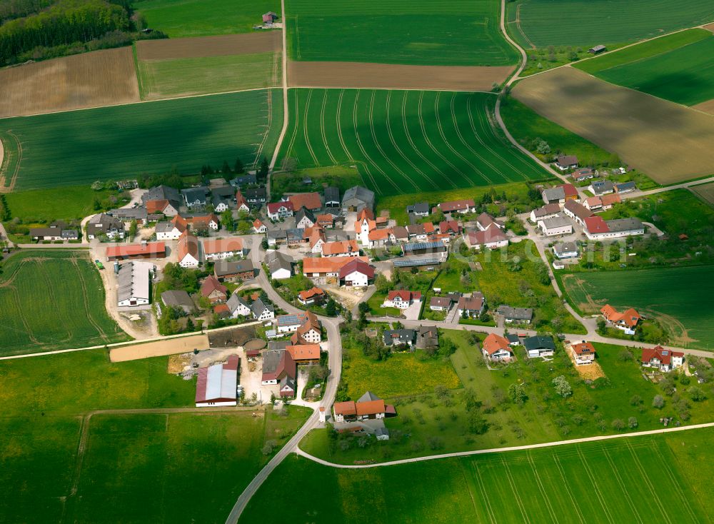 Lonsee from the bird's eye view: Agricultural land and field boundaries surround the settlement area of the village in Lonsee in the state Baden-Wuerttemberg, Germany