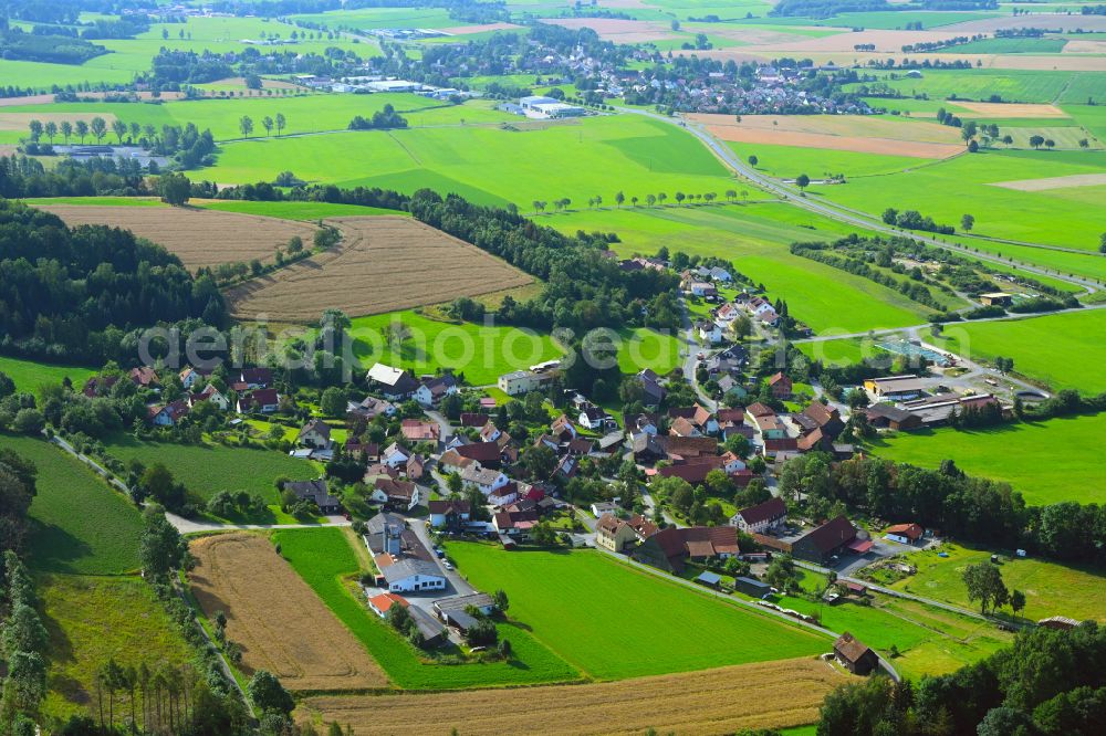 Aerial image Losau - Agricultural land and field boundaries surround the settlement area of the village in Losau in the state Bavaria, Germany