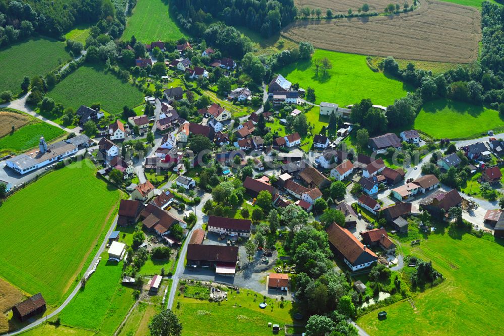 Losau from the bird's eye view: Agricultural land and field boundaries surround the settlement area of the village in Losau in the state Bavaria, Germany