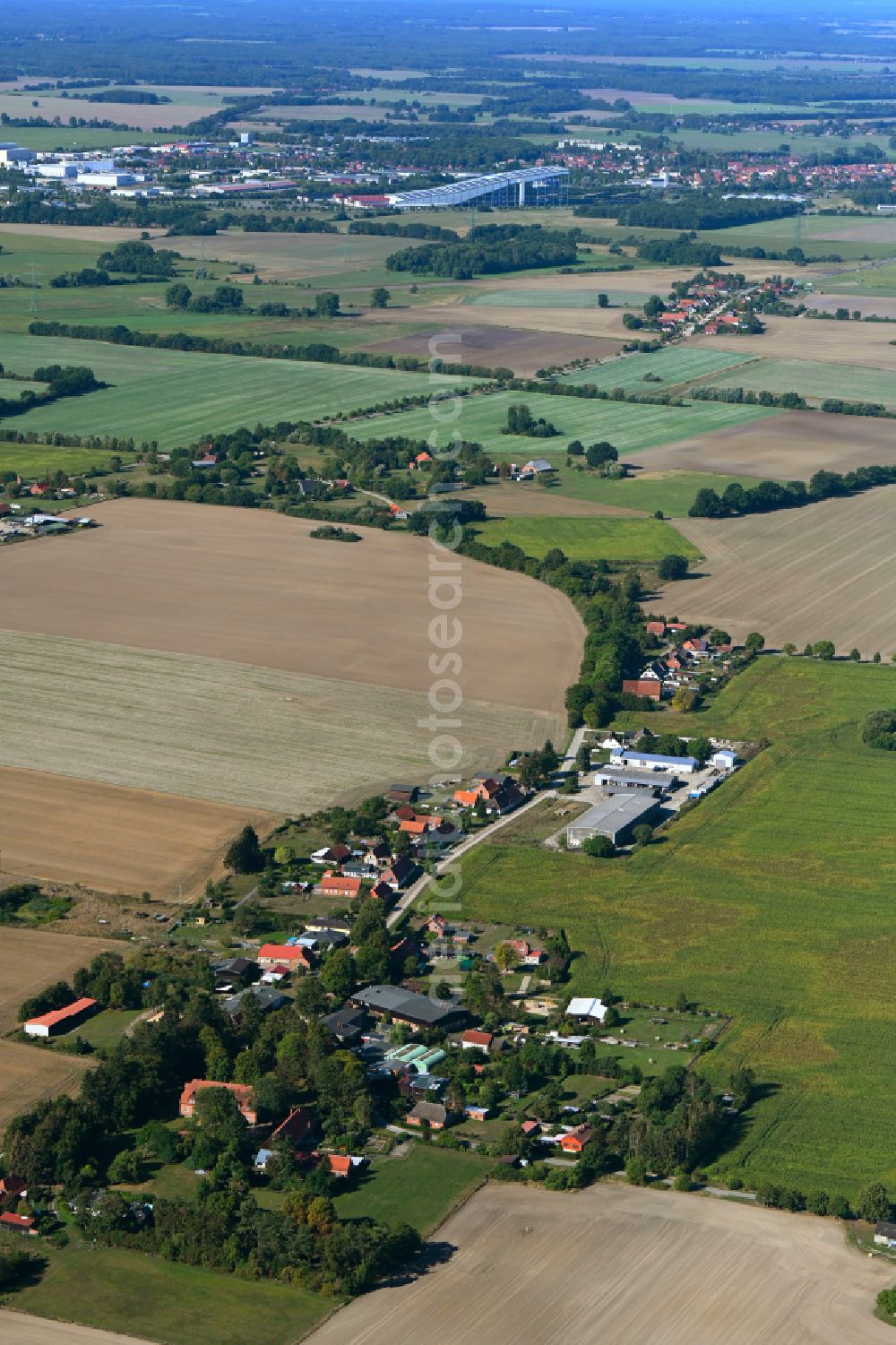 Luckwitz from the bird's eye view: Agricultural land and field boundaries surround the settlement area of the village in Luckwitz in the state Mecklenburg - Western Pomerania, Germany