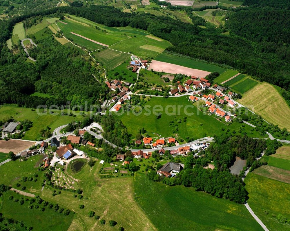 Lutzenberg from the bird's eye view: Agricultural land and field boundaries surround the settlement area of the village in Lutzenberg in the state Baden-Wuerttemberg, Germany