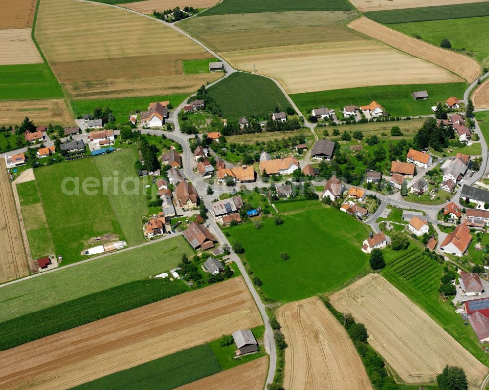 Magenbuch from above - Agricultural land and field boundaries surround the settlement area of the village in Magenbuch in the state Baden-Wuerttemberg, Germany