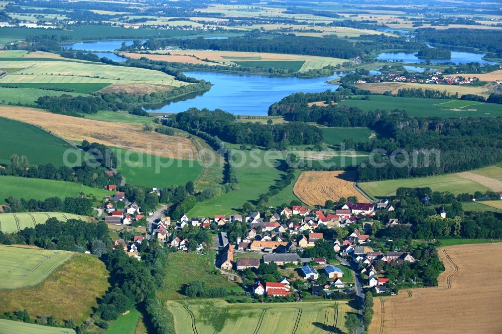 Mahlis from the bird's eye view: Agricultural land and field boundaries surround the settlement area of the village in Mahlis in the state Saxony, Germany