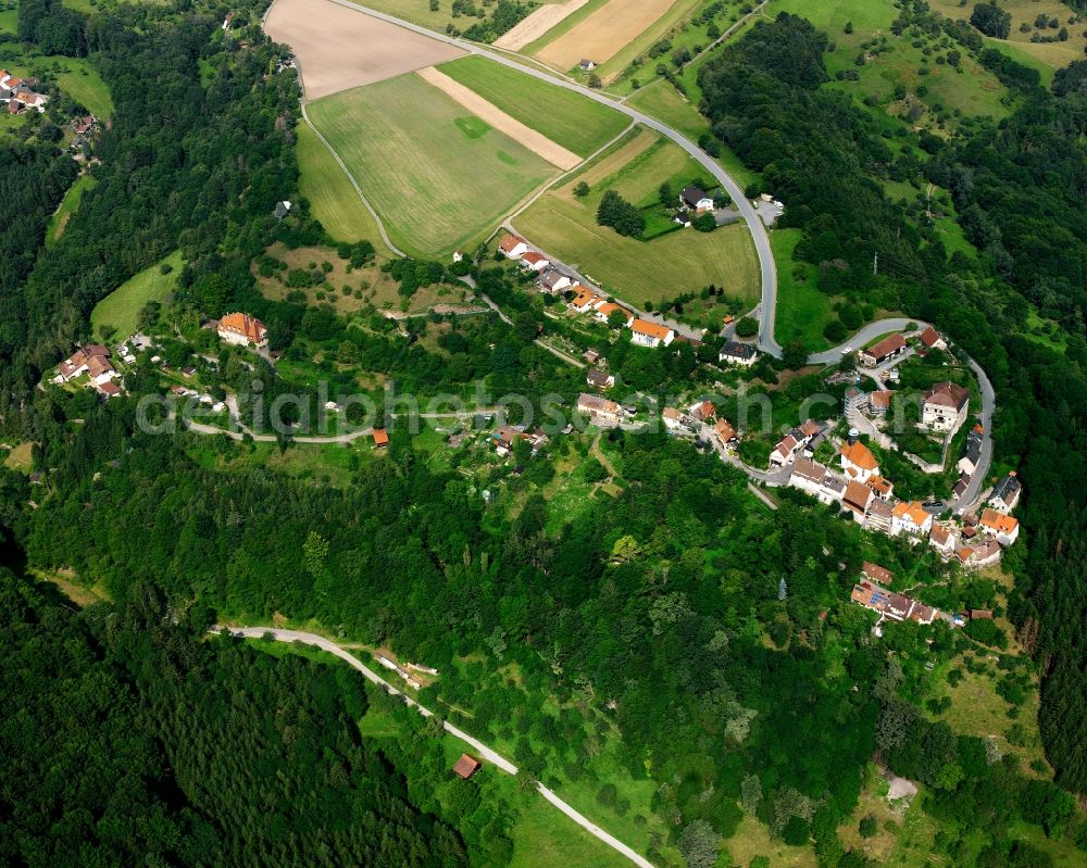 Maienfels from the bird's eye view: Agricultural land and field boundaries surround the settlement area of the village in Maienfels in the state Baden-Wuerttemberg, Germany