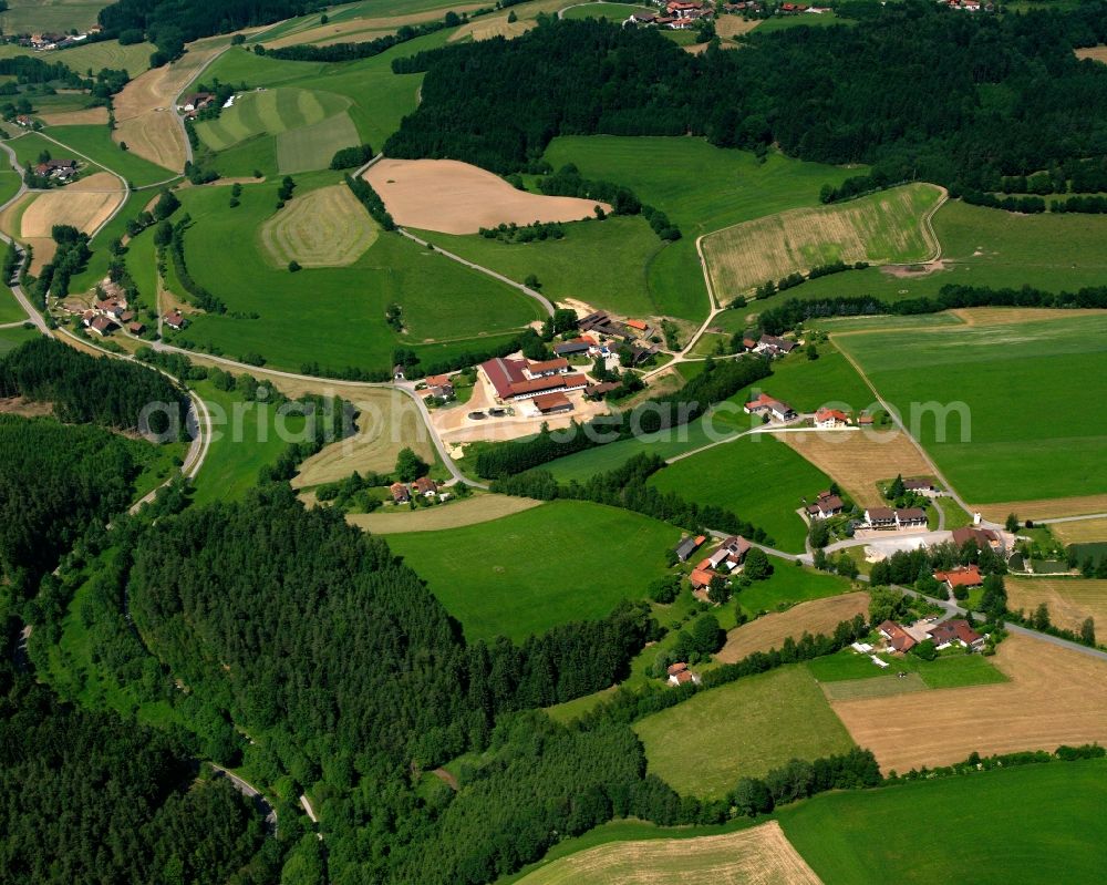 Maierhofen from the bird's eye view: Agricultural land and field boundaries surround the settlement area of the village in Maierhofen in the state Bavaria, Germany