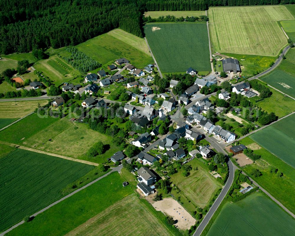 Maisborn from the bird's eye view: Agricultural land and field boundaries surround the settlement area of the village in Maisborn in the state Rhineland-Palatinate, Germany