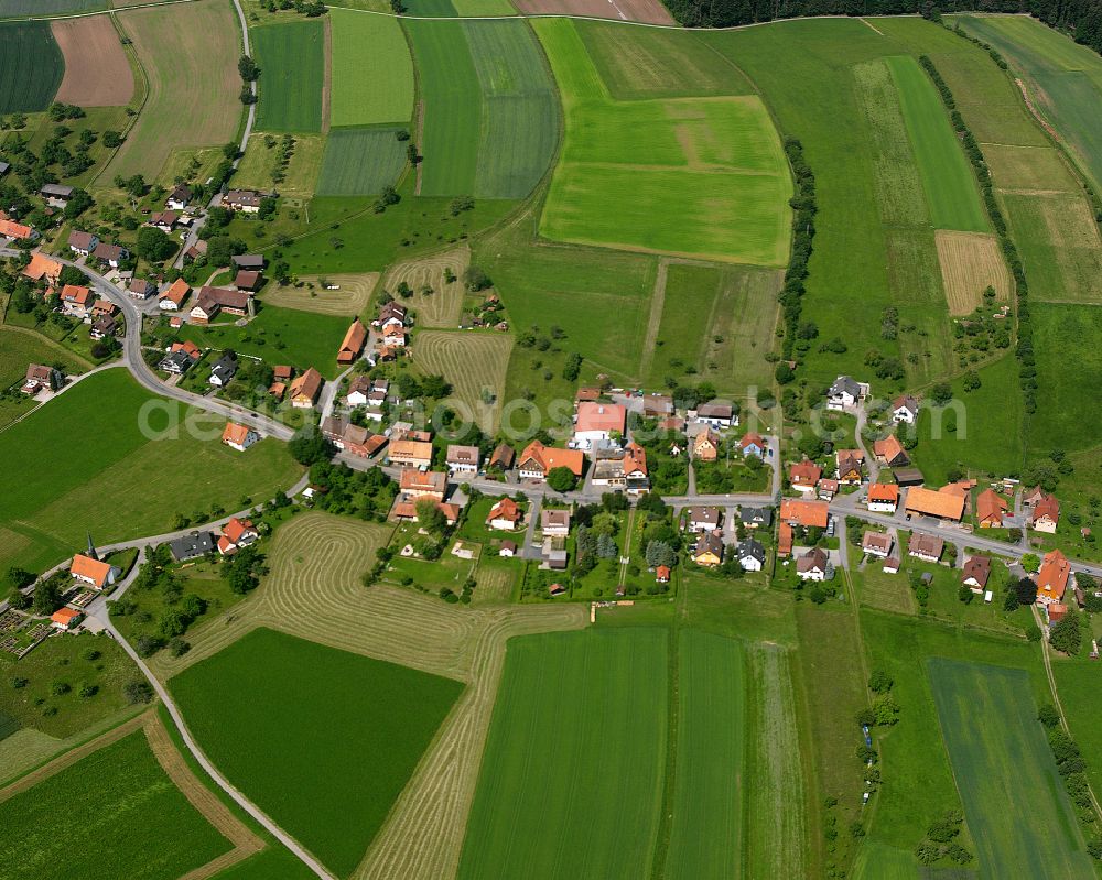 Maisenbach-Zainen from above - Agricultural land and field boundaries surround the settlement area of the village in Maisenbach-Zainen in the state Baden-Wuerttemberg, Germany