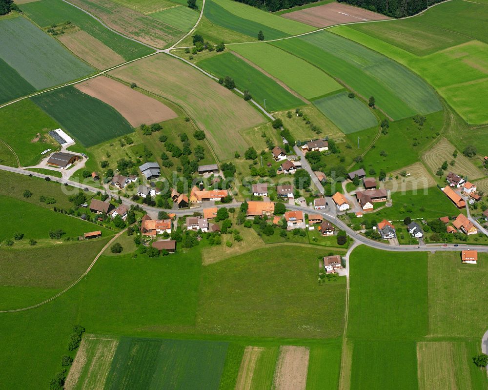 Maisenbach-Zainen from the bird's eye view: Agricultural land and field boundaries surround the settlement area of the village in Maisenbach-Zainen in the state Baden-Wuerttemberg, Germany