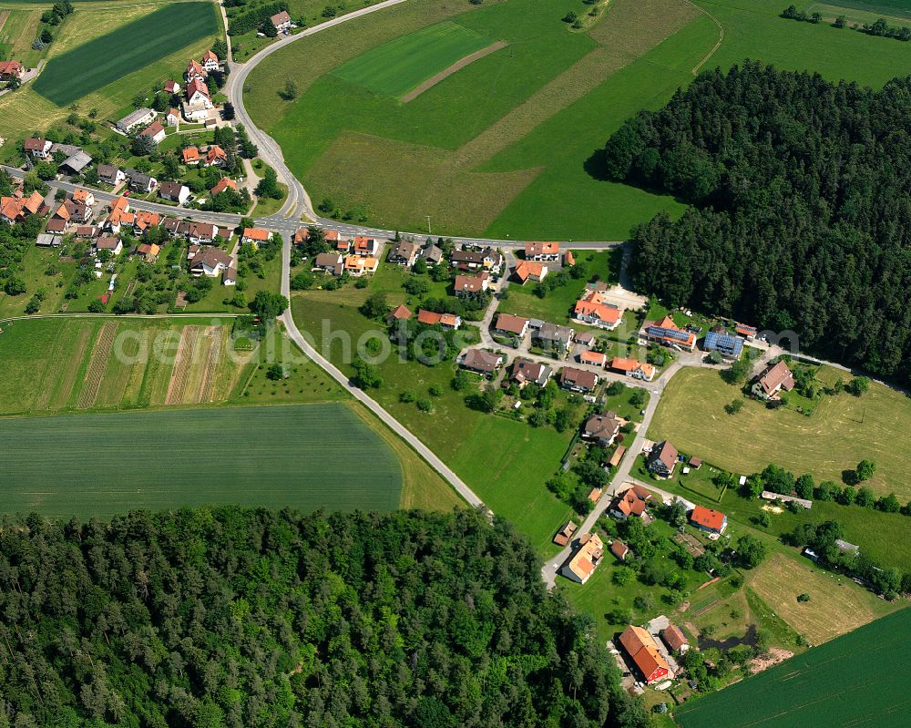 Aerial image Maisenbach-Zainen - Agricultural land and field boundaries surround the settlement area of the village in Maisenbach-Zainen in the state Baden-Wuerttemberg, Germany