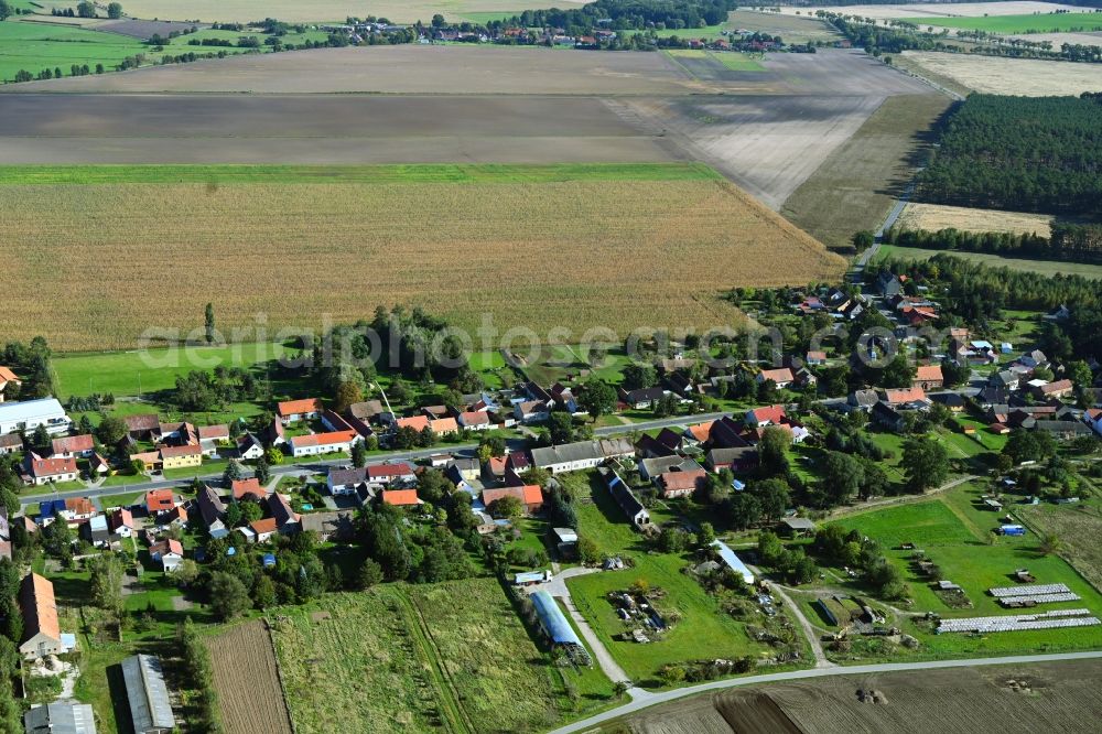 Aerial photograph Malitschkendorf - Agricultural land and field boundaries surround the settlement area of the village in Malitschkendorf in the state Brandenburg, Germany