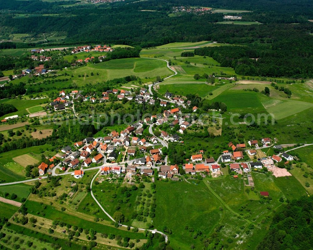 Mannenberg from above - Agricultural land and field boundaries surround the settlement area of the village in Mannenberg in the state Baden-Wuerttemberg, Germany