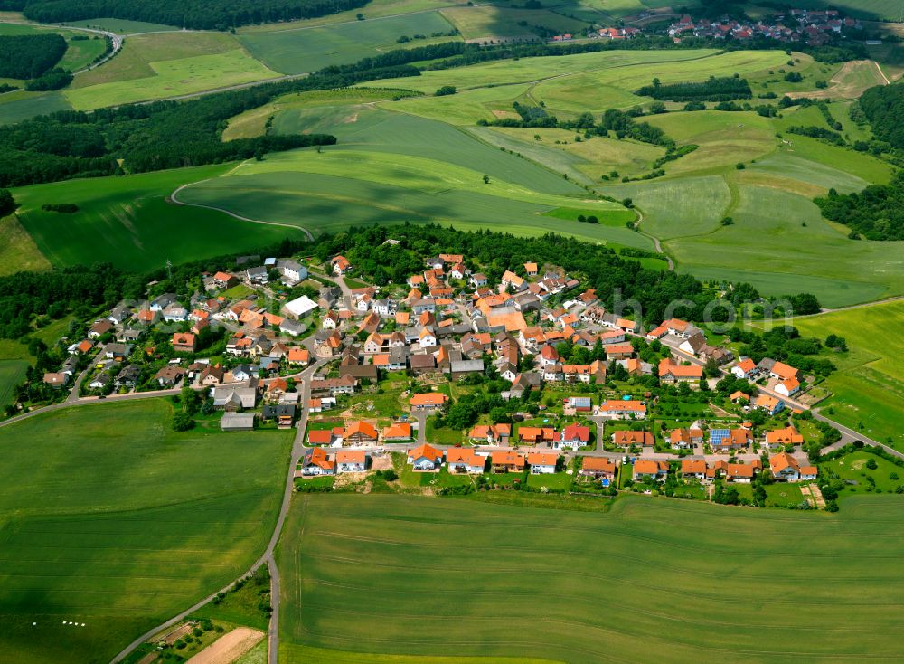 Aerial image Marienthal - Agricultural land and field boundaries surround the settlement area of the village in Marienthal Ahrtal in the state Rhineland-Palatinate, Germany