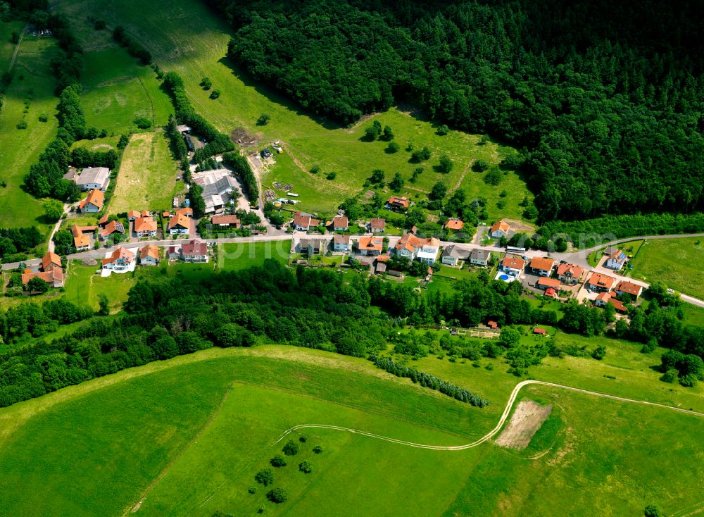 Aerial image Marienthal - Agricultural land and field boundaries surround the settlement area of the village in Marienthal Ahrtal in the state Rhineland-Palatinate, Germany