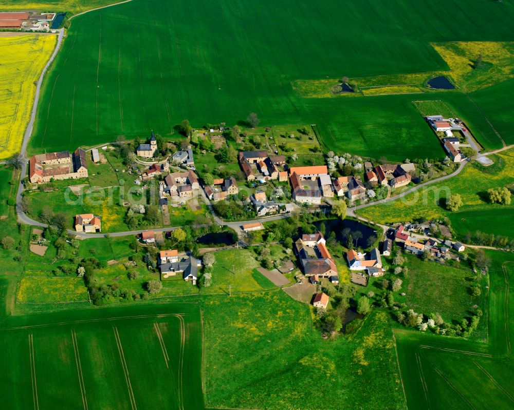 Aerial photograph Markersdorf - Agricultural land and field boundaries surround the settlement area of the village in Markersdorf in the state Thuringia, Germany