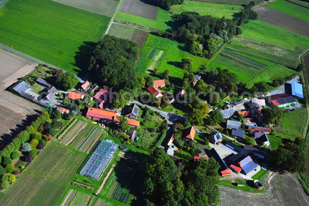 Aerial image Marlin - Agricultural land and field boundaries surround the settlement area of the village in Marlin in the state Lower Saxony, Germany