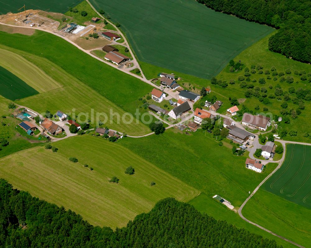 Maselheim from above - Agricultural land and field boundaries surround the settlement area of the village in Maselheim in the state Baden-Wuerttemberg, Germany