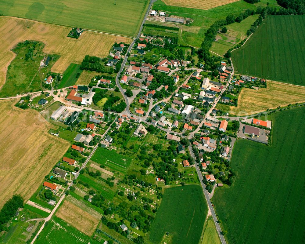 Mautitz from above - Agricultural land and field boundaries surround the settlement area of the village in Mautitz in the state Saxony, Germany