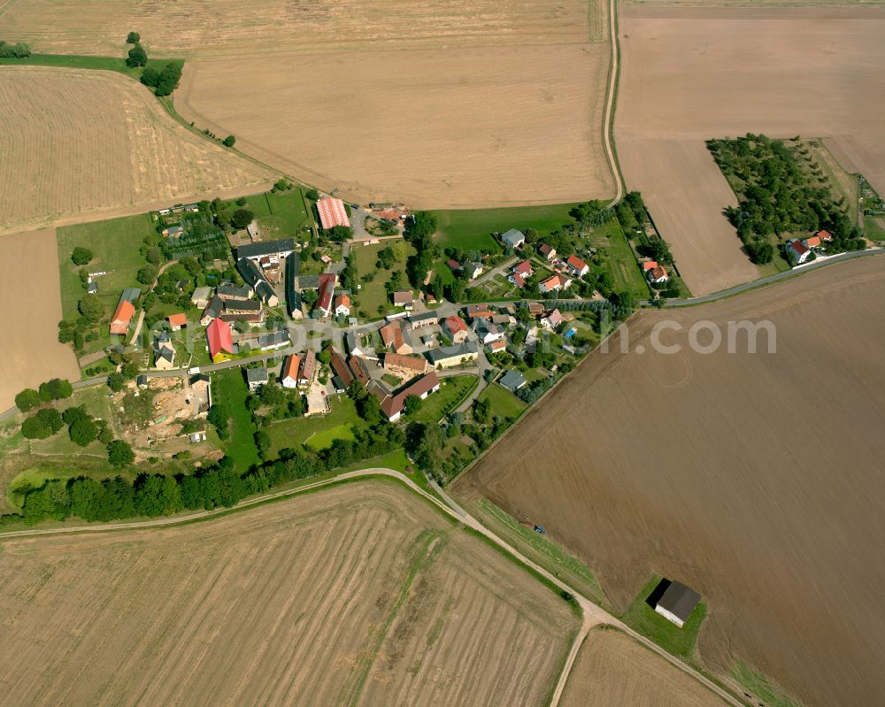 Mückern from above - Agricultural land and field boundaries surround the settlement area of the village in Mückern in the state Thuringia, Germany