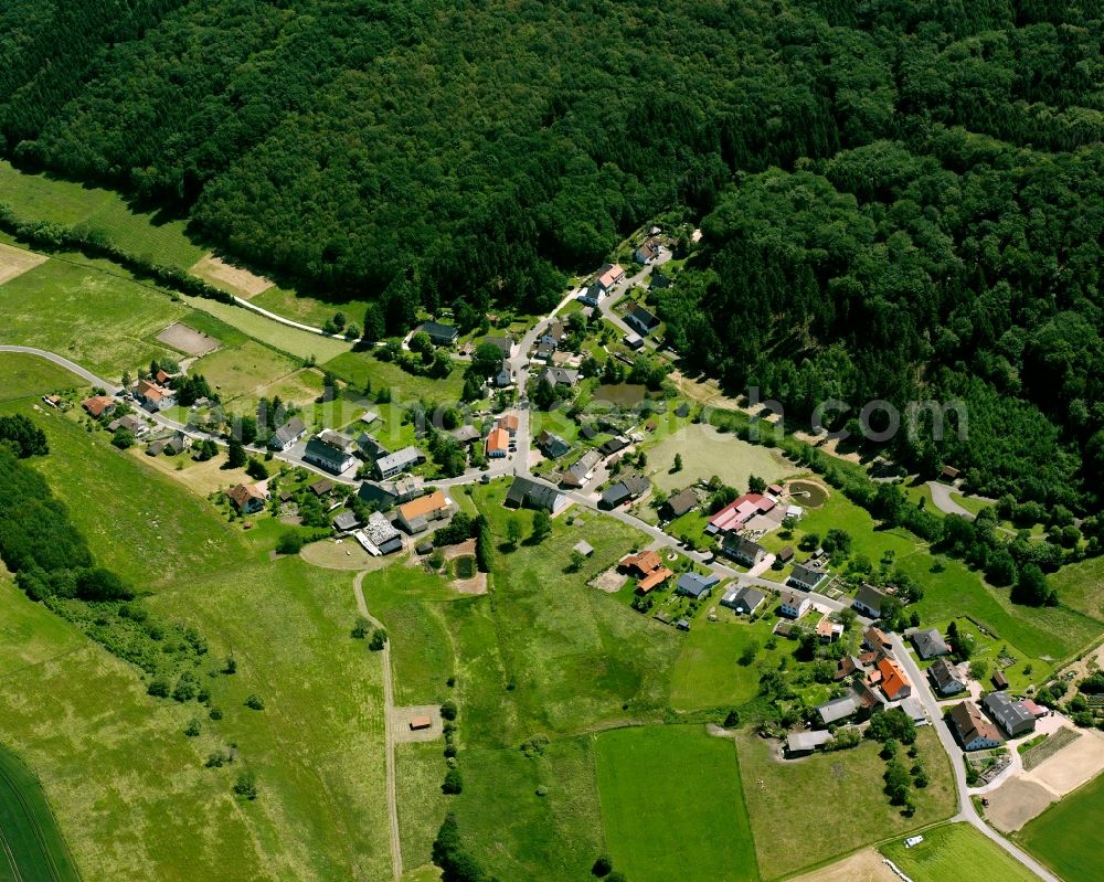 Aerial image Meckenbach - Agricultural land and field boundaries surround the settlement area of the village in Meckenbach in the state Rhineland-Palatinate, Germany