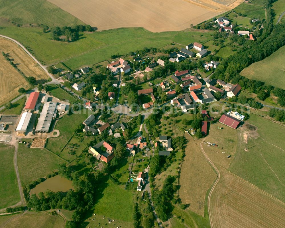 Mennsdorf from above - Agricultural land and field boundaries surround the settlement area of the village in Mennsdorf in the state Thuringia, Germany