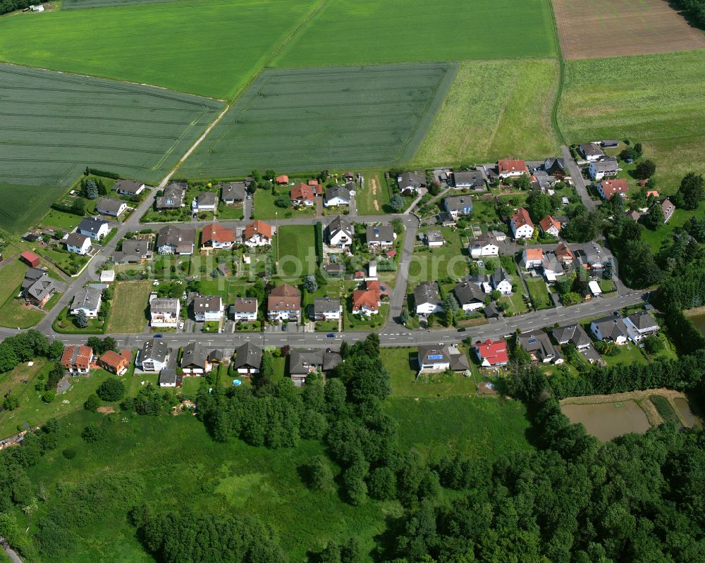 Aerial photograph Merlau - Agricultural land and field boundaries surround the settlement area of the village in Merlau in the state Hesse, Germany