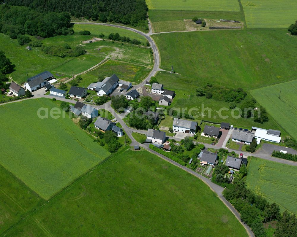 Aerial image Mermicherhof - Agricultural land and field boundaries surround the settlement area of the village in Mermicherhof in the state Rhineland-Palatinate, Germany