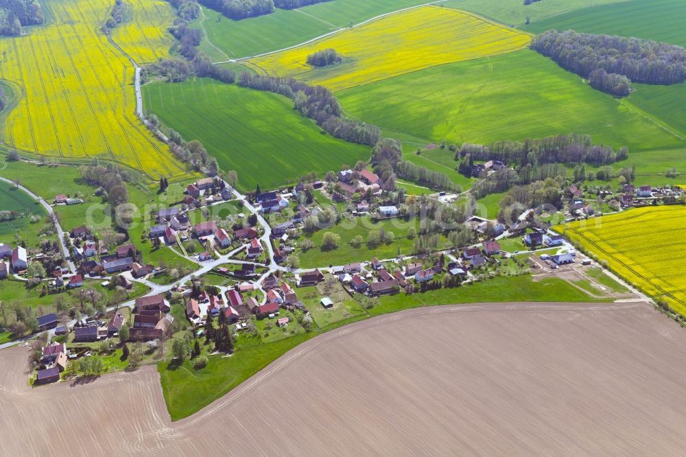 Meschwitz from the bird's eye view: Agricultural land and field boundaries surround the settlement area of the village in Meschwitz in the state Saxony, Germany