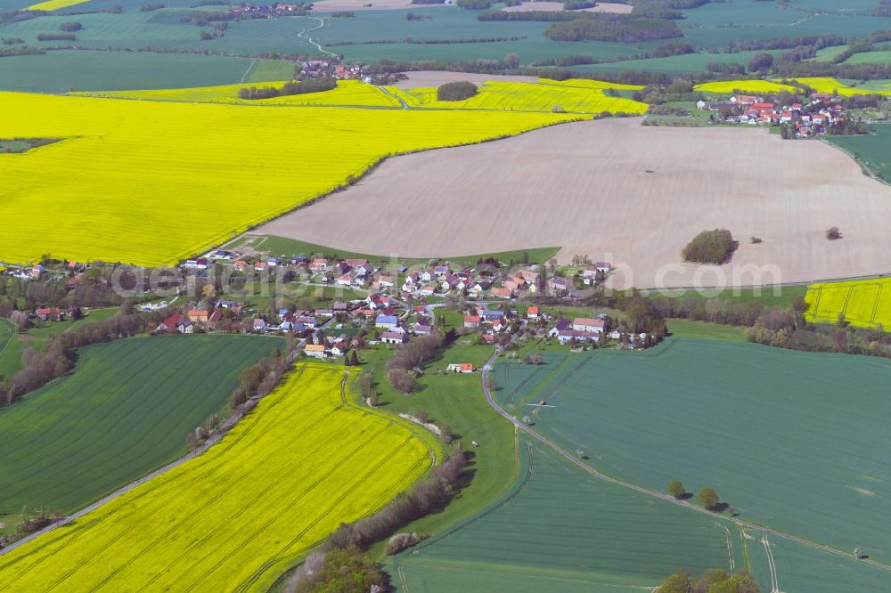 Meschwitz from above - Agricultural land and field boundaries surround the settlement area of the village in Meschwitz in the state Saxony, Germany