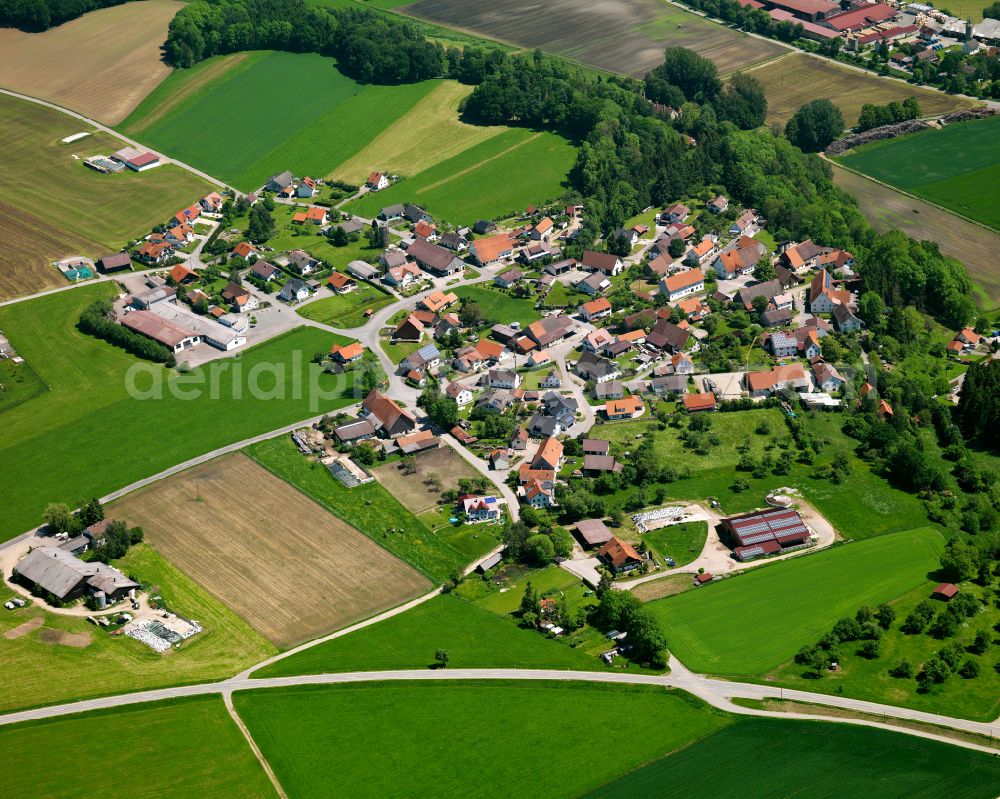 Mettenberg from above - Agricultural land and field boundaries surround the settlement area of the village in Mettenberg in the state Baden-Wuerttemberg, Germany