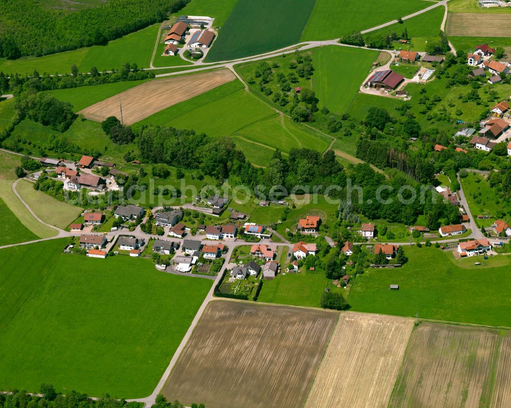 Mettenberg from the bird's eye view: Agricultural land and field boundaries surround the settlement area of the village in Mettenberg in the state Baden-Wuerttemberg, Germany