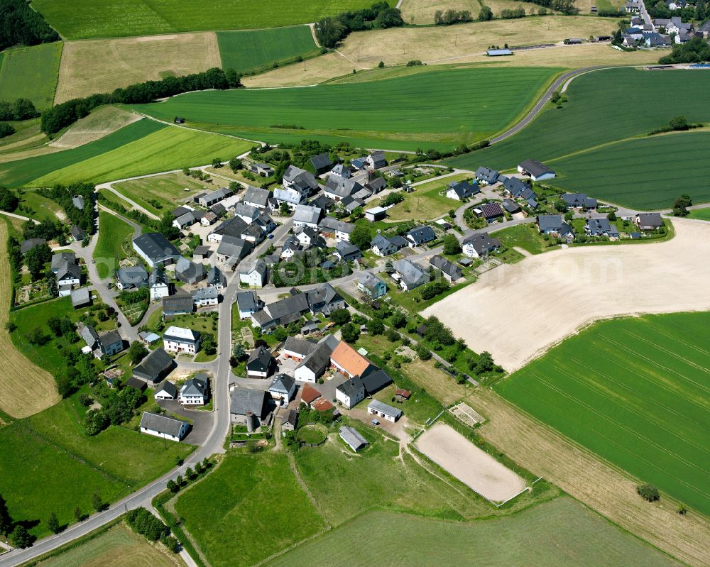 Metzenhausen from the bird's eye view: Agricultural land and field boundaries surround the settlement area of the village in Metzenhausen in the state Rhineland-Palatinate, Germany