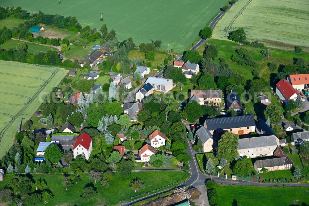 Meuselwitz from above - Agricultural land and field boundaries surround the settlement area of the village in Meuselwitz in the state Saxony, Germany