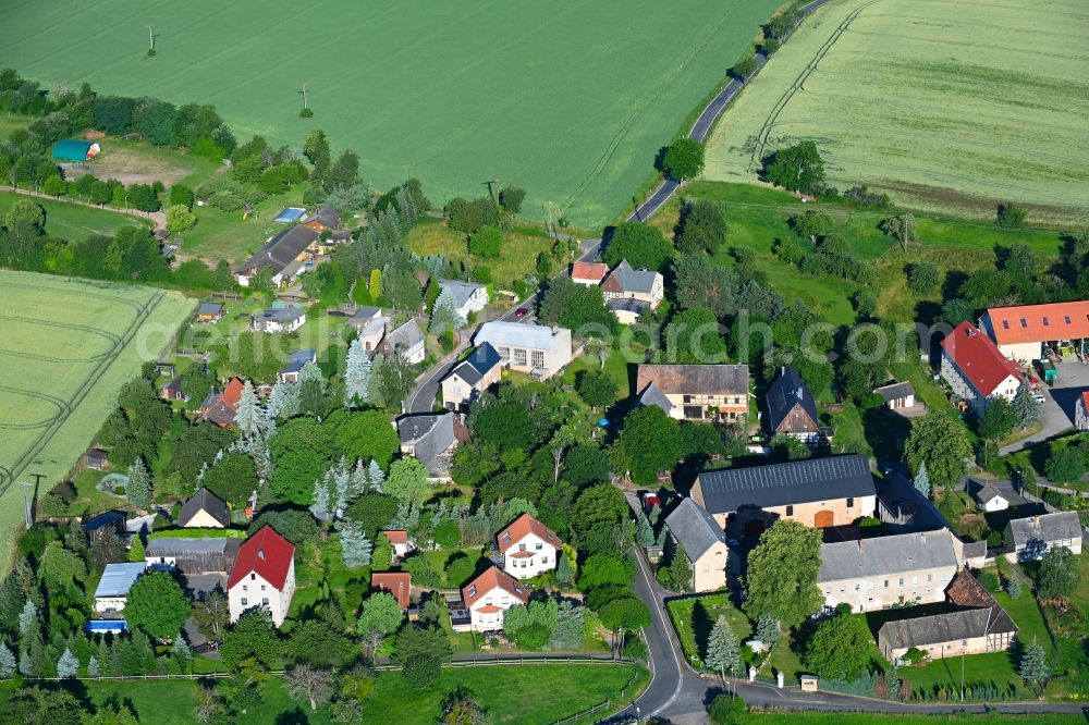 Meuselwitz from the bird's eye view: Agricultural land and field boundaries surround the settlement area of the village in Meuselwitz in the state Saxony, Germany