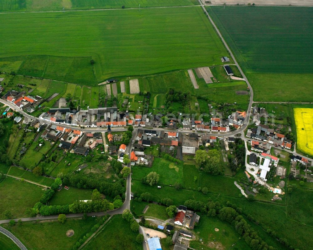 Mühlstedt from the bird's eye view: Agricultural land and field boundaries surround the settlement area of the village in Mühlstedt in the state Saxony-Anhalt, Germany