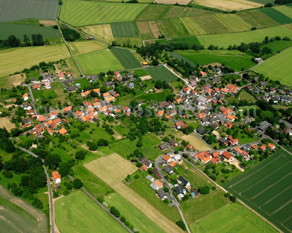 Mielenhausen from the bird's eye view: Agricultural land and field boundaries surround the settlement area of the village in Mielenhausen in the state Lower Saxony, Germany