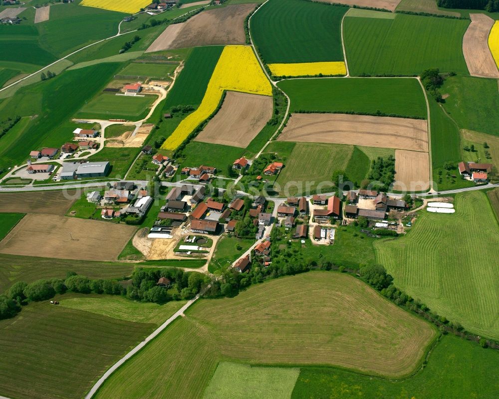 Miesing from above - Agricultural land and field boundaries surround the settlement area of the village in Miesing in the state Bavaria, Germany