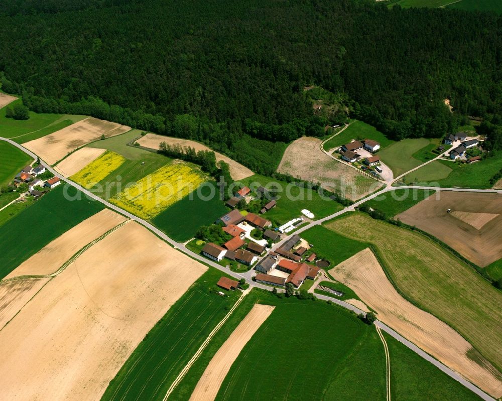 Aerial photograph Minihof - Agricultural land and field boundaries surround the settlement area of the village in Minihof in the state Bavaria, Germany