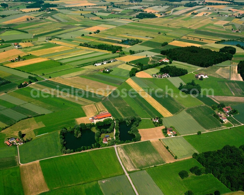 Mitterrain from the bird's eye view: Agricultural land and field boundaries surround the settlement area of the village in Mitterrain in the state Bavaria, Germany