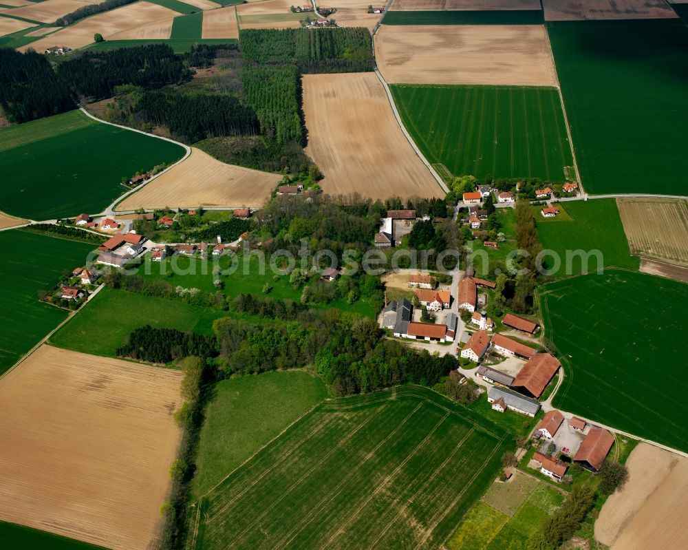 Münchshöfen from the bird's eye view: Agricultural land and field boundaries surround the settlement area of the village in Münchshöfen in the state Bavaria, Germany