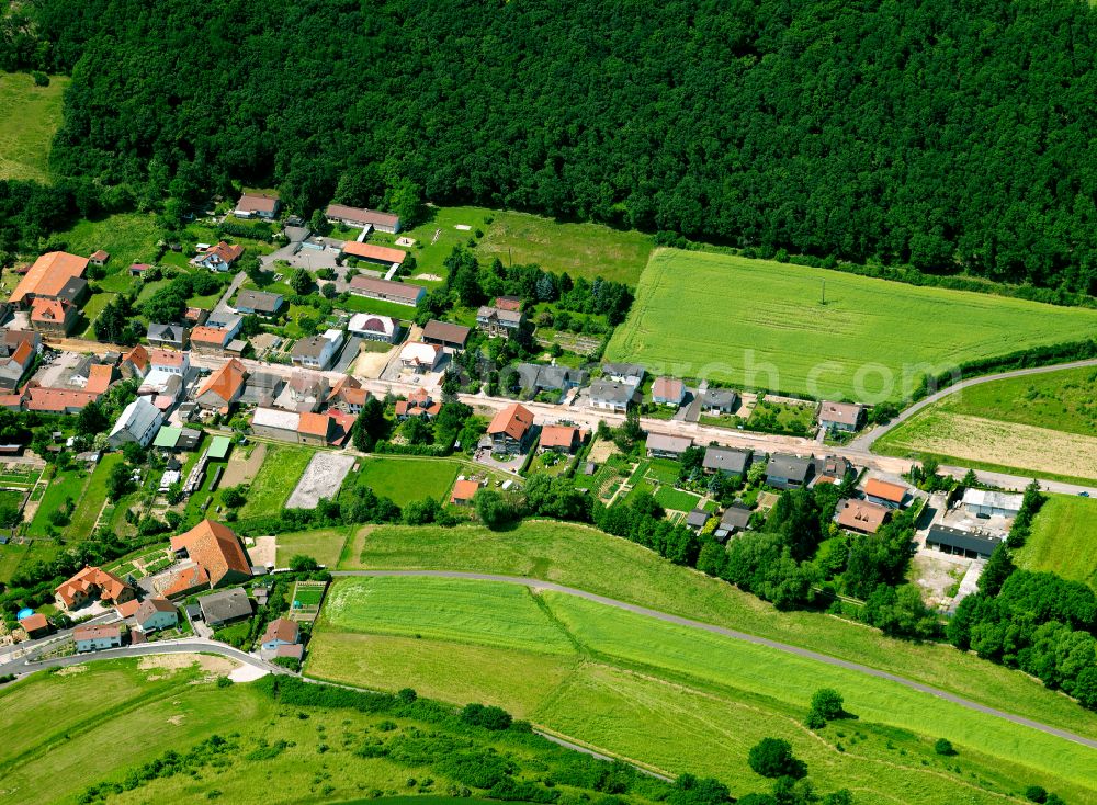 Münsterappel from the bird's eye view: Agricultural land and field boundaries surround the settlement area of the village in Münsterappel in the state Rhineland-Palatinate, Germany