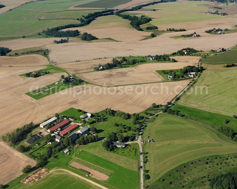 Mobendorf from above - Agricultural land and field boundaries surround the settlement area of the village in Mobendorf in the state Saxony, Germany