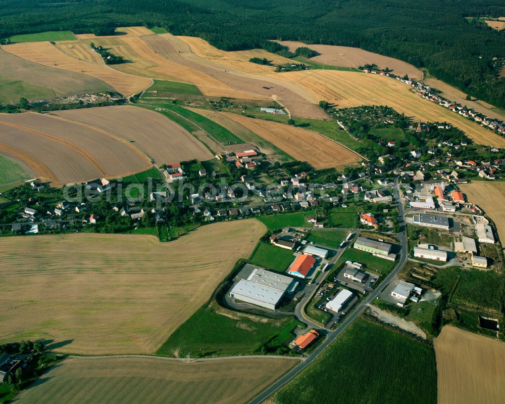 Aerial image Mohlsdorf - Agricultural land and field boundaries surround the settlement area of the village in Mohlsdorf in the state Thuringia, Germany