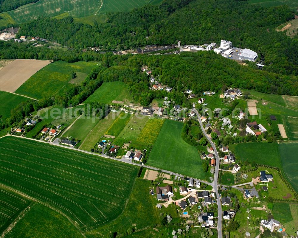 Mohsdorf from above - Agricultural land and field boundaries surround the settlement area of the village in Mohsdorf in the state Saxony, Germany