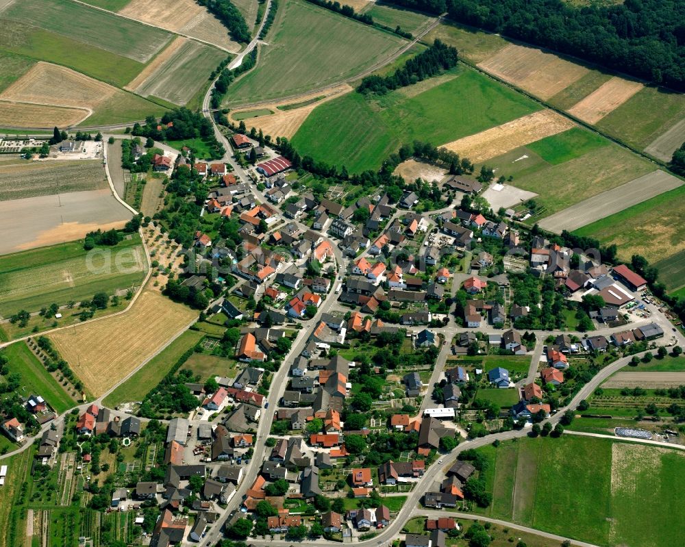 Aerial photograph Moos - Agricultural land and field boundaries surround the settlement area of the village in Moos in the state Baden-Wuerttemberg, Germany