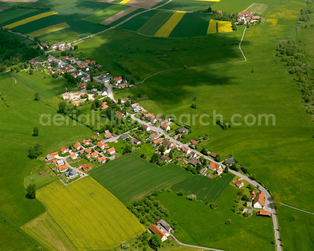 Aerial image Moosburg - Agricultural land and field boundaries surround the settlement area of the village in Moosburg in the state Baden-Wuerttemberg, Germany